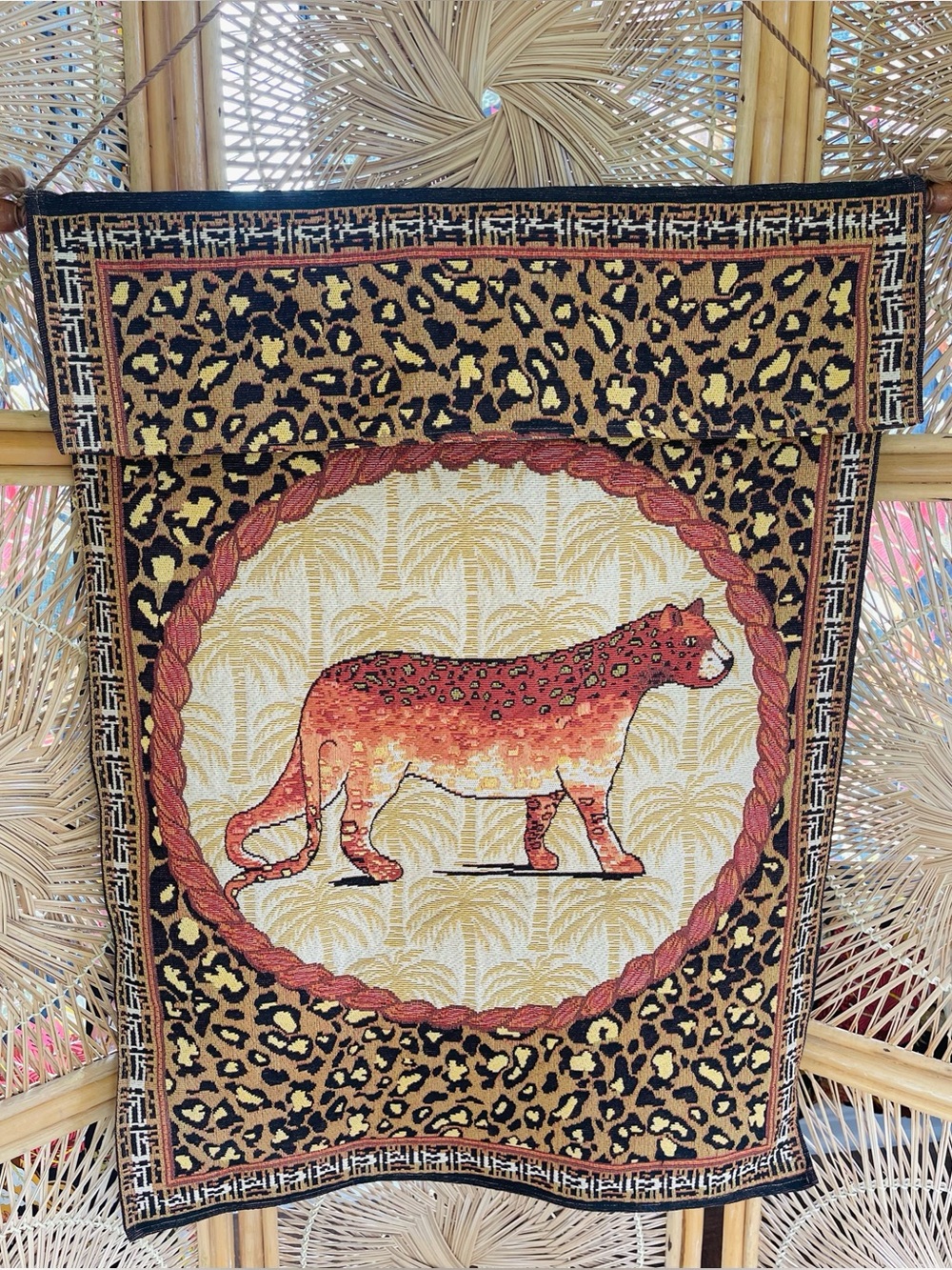 Vintage Woven Leopard Tapestry Wall Hanging on Dowel Boho Jungle Decor